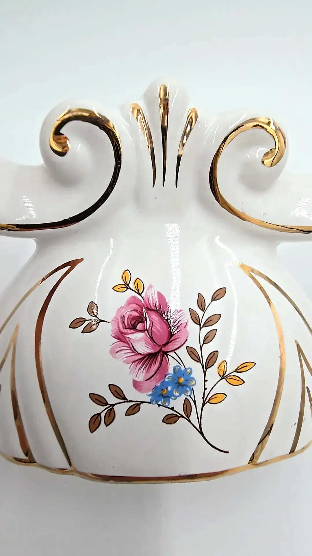 Vintage Louçarte Portugal Ceramic Double Candelabra Pair Gold Trim Flowers — underside