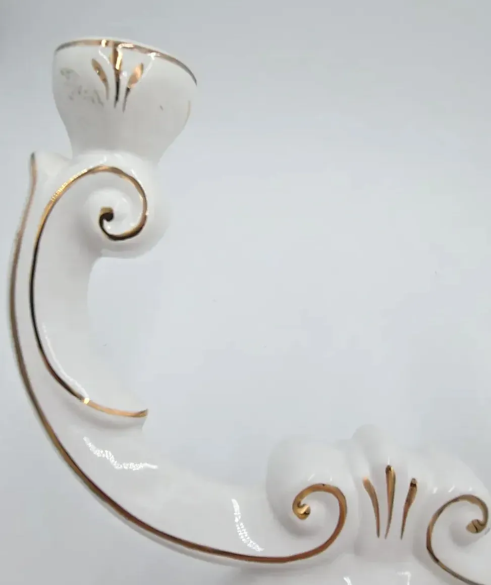 Vintage Louçarte Portugal Ceramic Double Candelabra Pair Gold Trim Flowers — detail