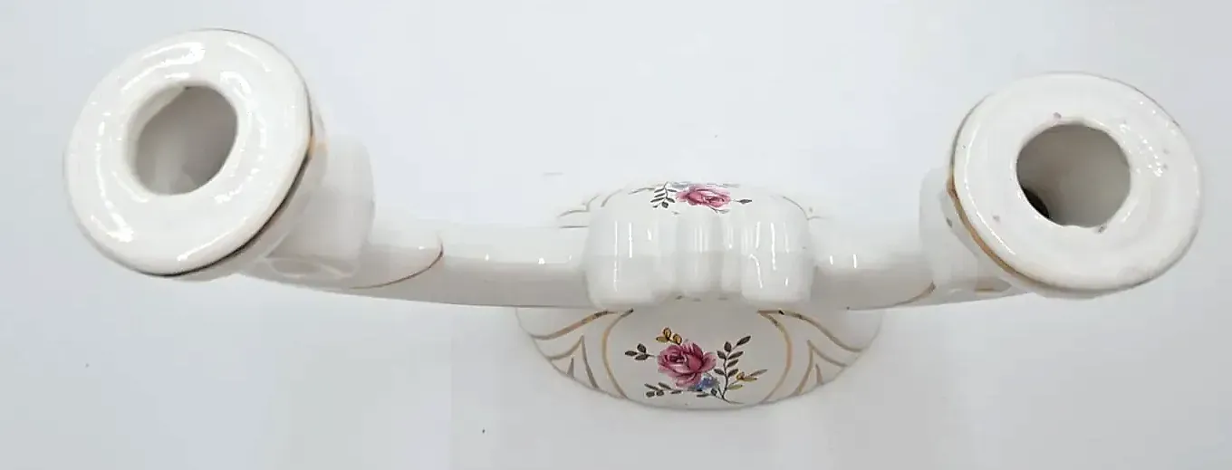 Vintage Louçarte Portugal Ceramic Double Candelabra Pair Gold Trim Flowers — maker's mark