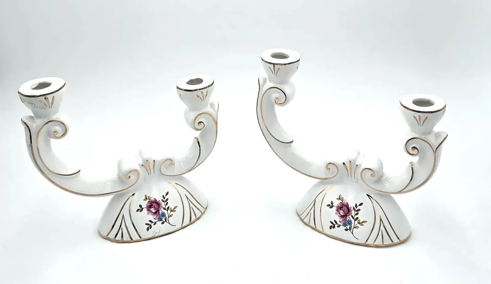 Vintage Louçarte Portugal Ceramic Double Candelabra Pair Gold Trim Flowers