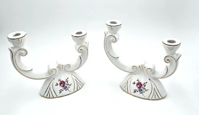 Vintage Louçarte Portugal Ceramic Double Candelabra Pair Gold Trim Flowers