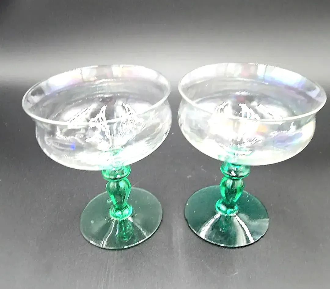 Beautiful Pair of Vintage Green Stem Art Glass