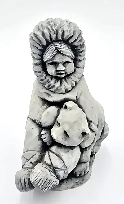 Original Ice Age Sculptures Canada Inuit Child with Teddy Bear Figurine