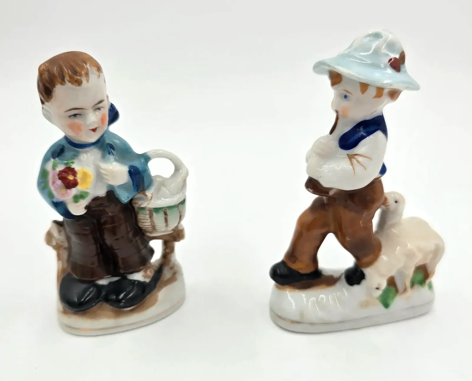 Vintage Occupied Japan Porcelain Figurines Pair Boys with Lamb & Basket