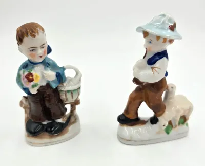 Vintage Occupied Japan Porcelain Figurines Pair Boys with Lamb & Basket