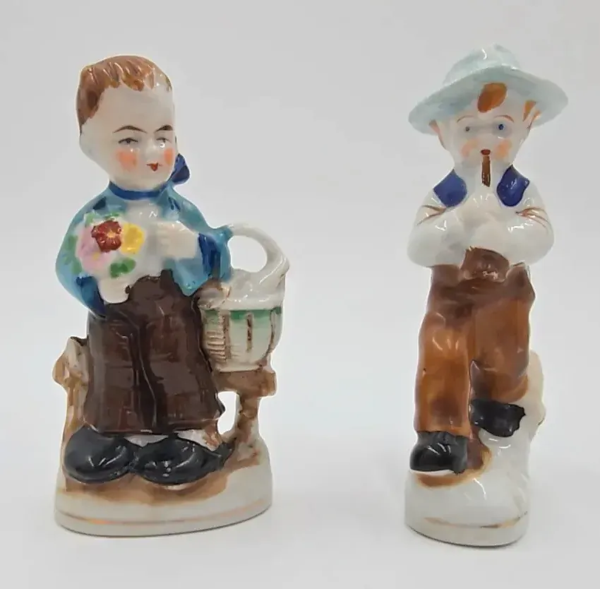 Vintage Occupied Japan Porcelain Figurines Pair Boys with Lamb & Basket — side view