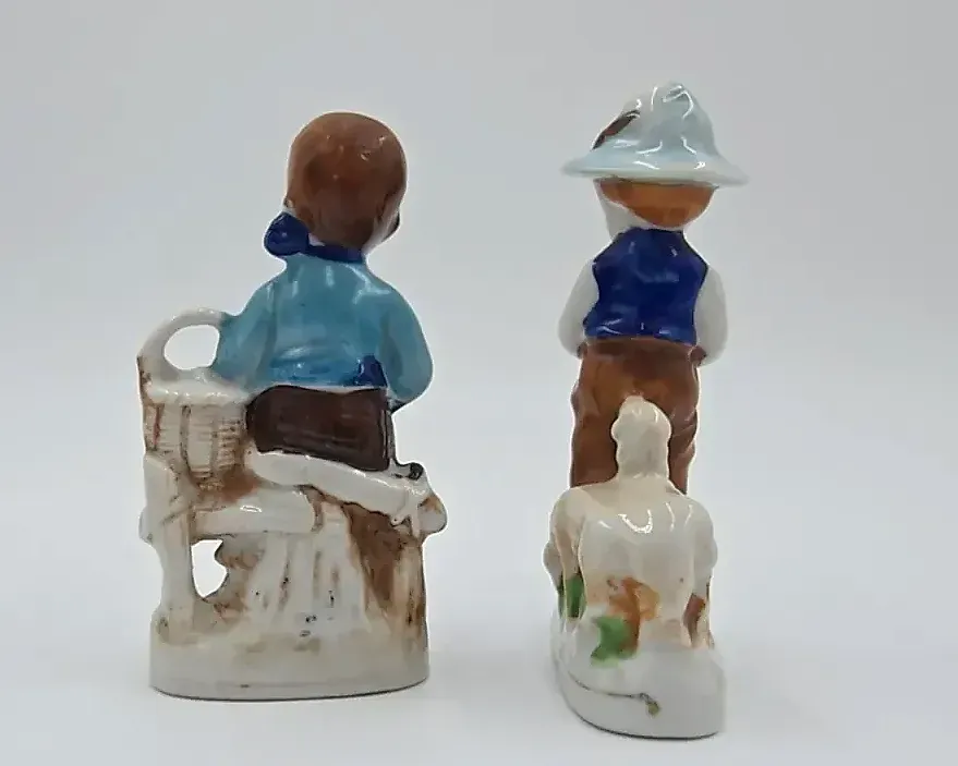 Vintage Occupied Japan Porcelain Figurines Pair Boys with Lamb & Basket — detail