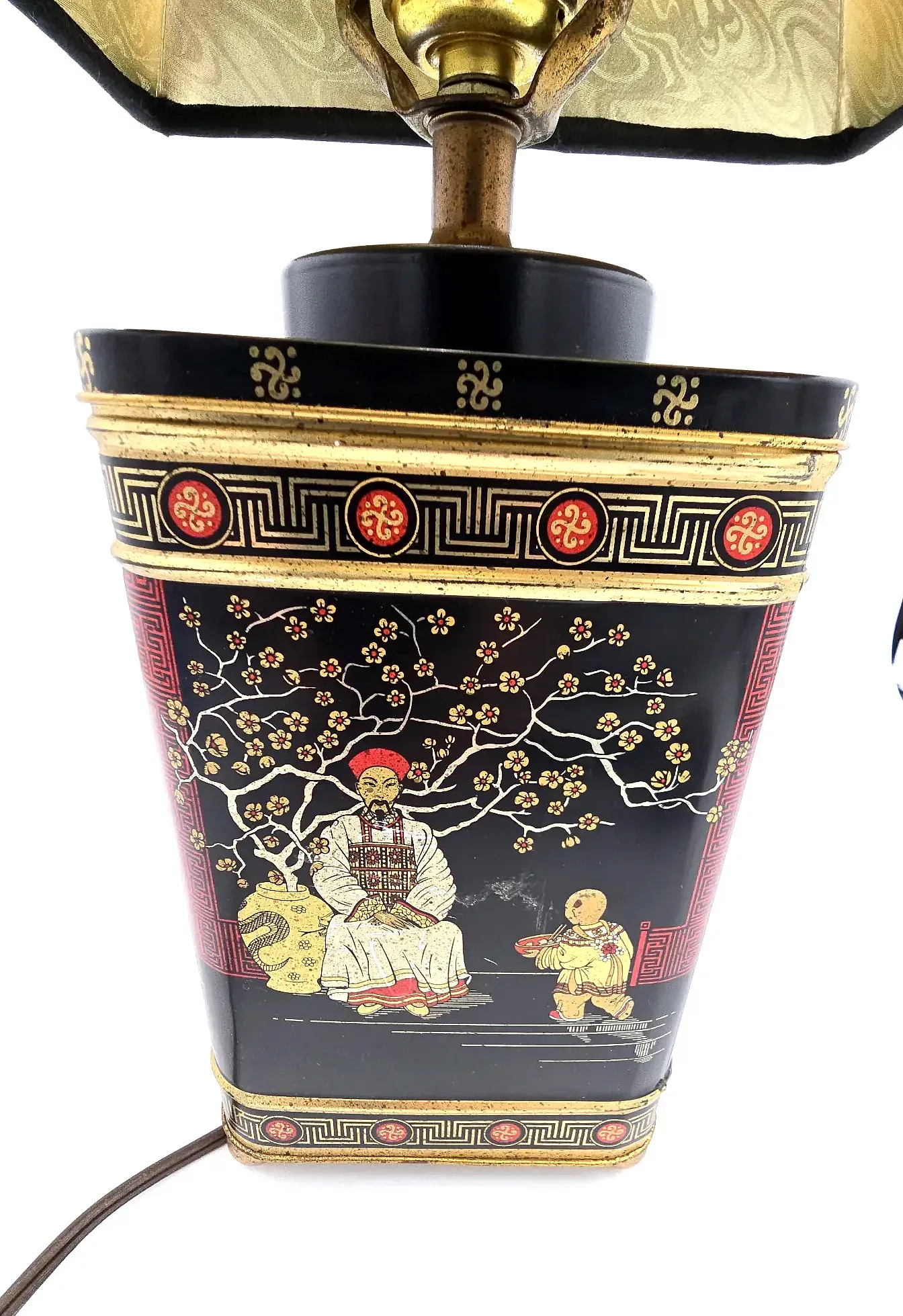 Vintage Chinoiserie Tea Tin Canister Table Lamp – Made in England Tin — detail