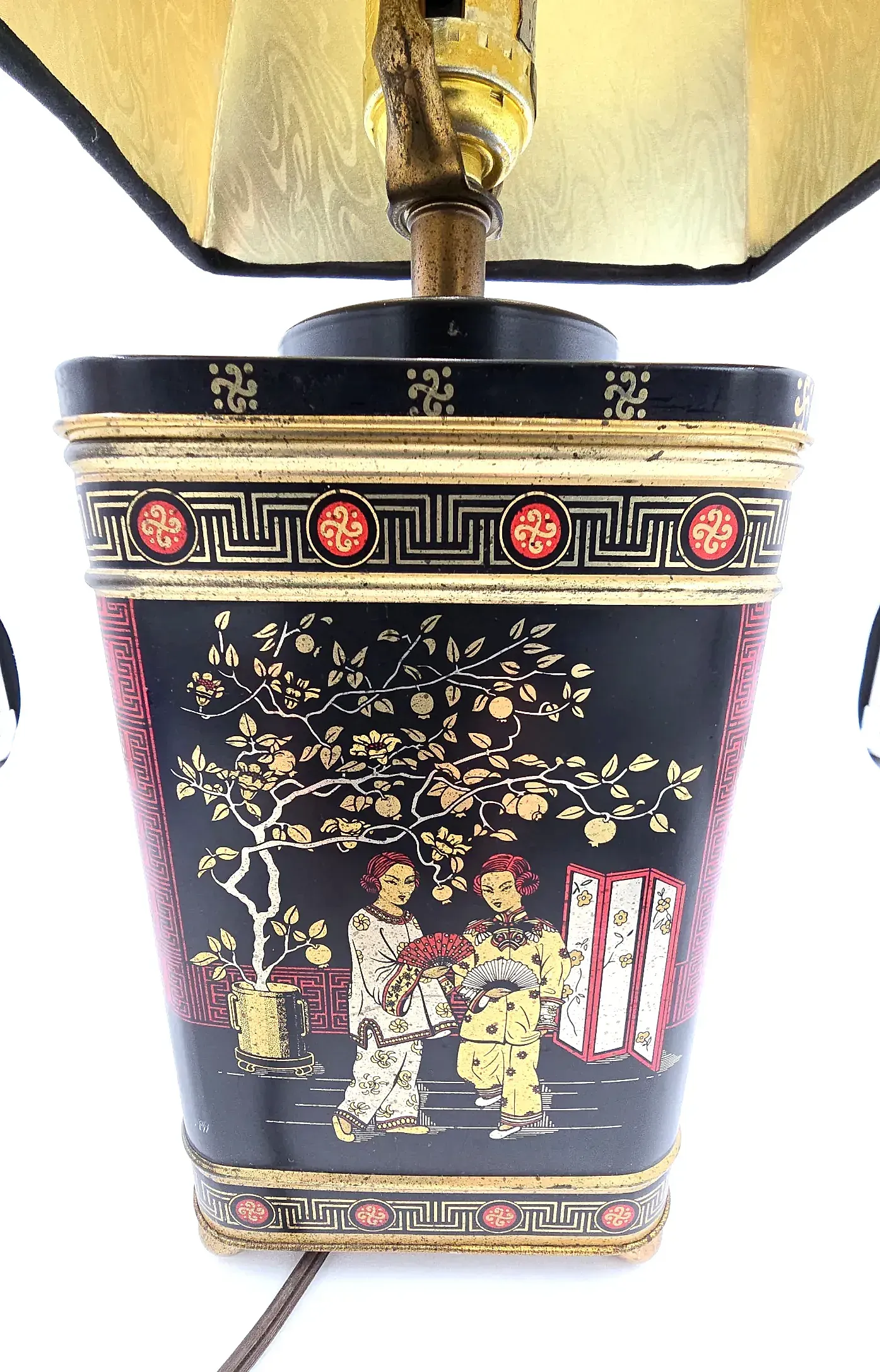Vintage Chinoiserie Tea Tin Canister Table Lamp – Made in England Tin — maker's mark