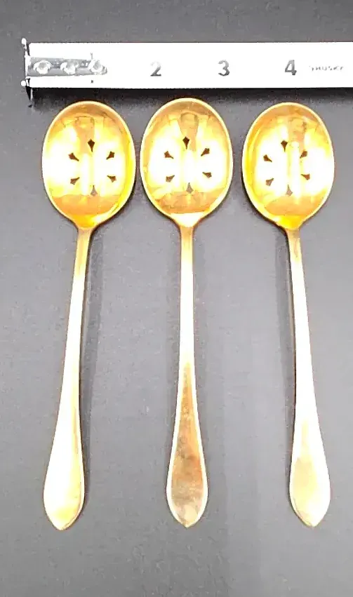 Vintage 24K Gold Plated Pierced Olive Cocktail Garnish Spoons Set of 3 — maker's mark