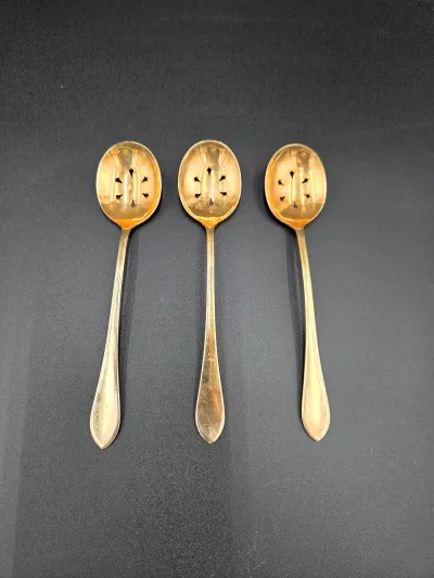Vintage 24K Gold Plated Pierced Olive Cocktail Garnish Spoons Set of 3