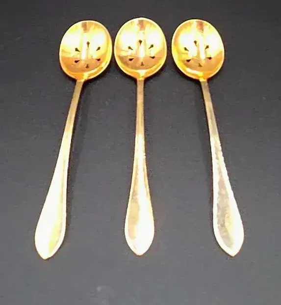 Vintage 24K Gold Plated Pierced Olive Cocktail Garnish Spoons Set of 3 — side view