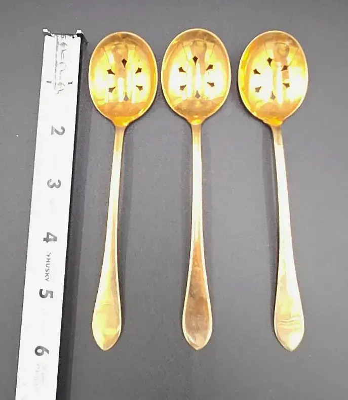 Vintage 24K Gold Plated Pierced Olive Cocktail Garnish Spoons Set of 3 — underside
