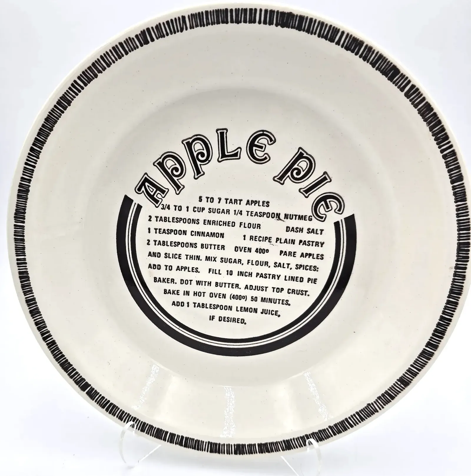 Vintage USA Apple Pie Recipe Pie Plate 10" Ceramic Stoneware Baking Dish Farmhouse