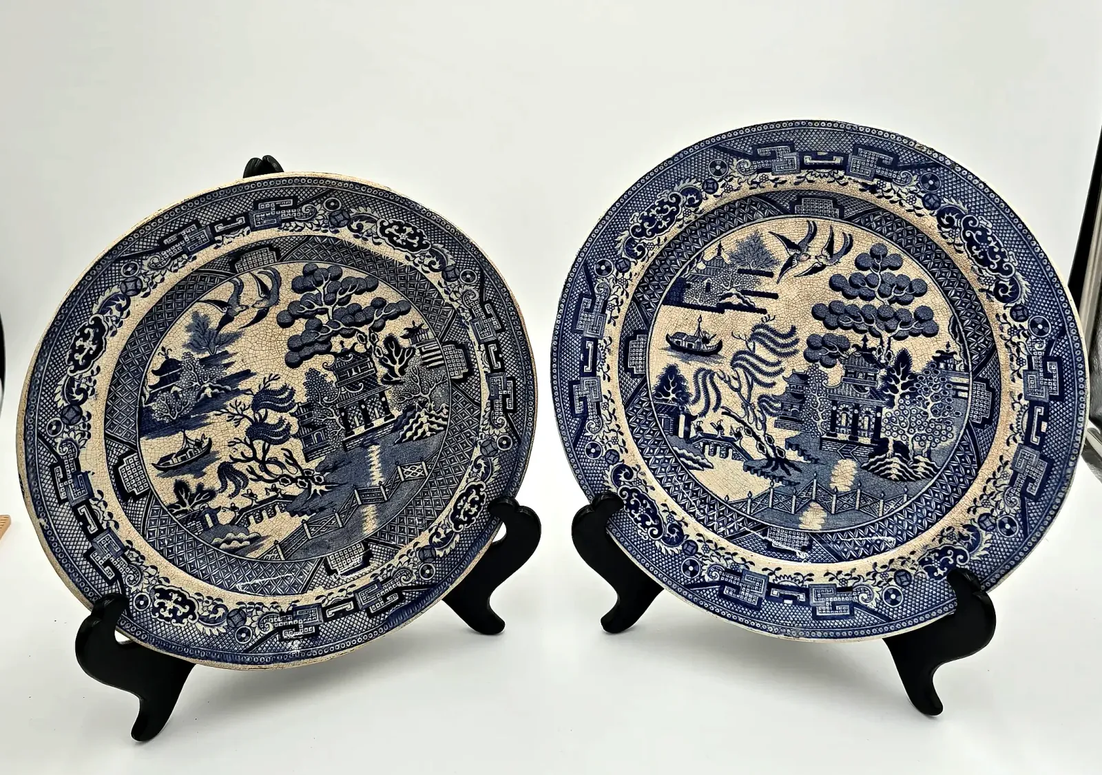 Antique Blue Willow Transferware Plates Lot 2 Staffordshire Marked 9-10in