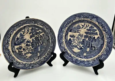 Antique Blue Willow Transferware Plates Lot 2 Staffordshire Marked 9-10in