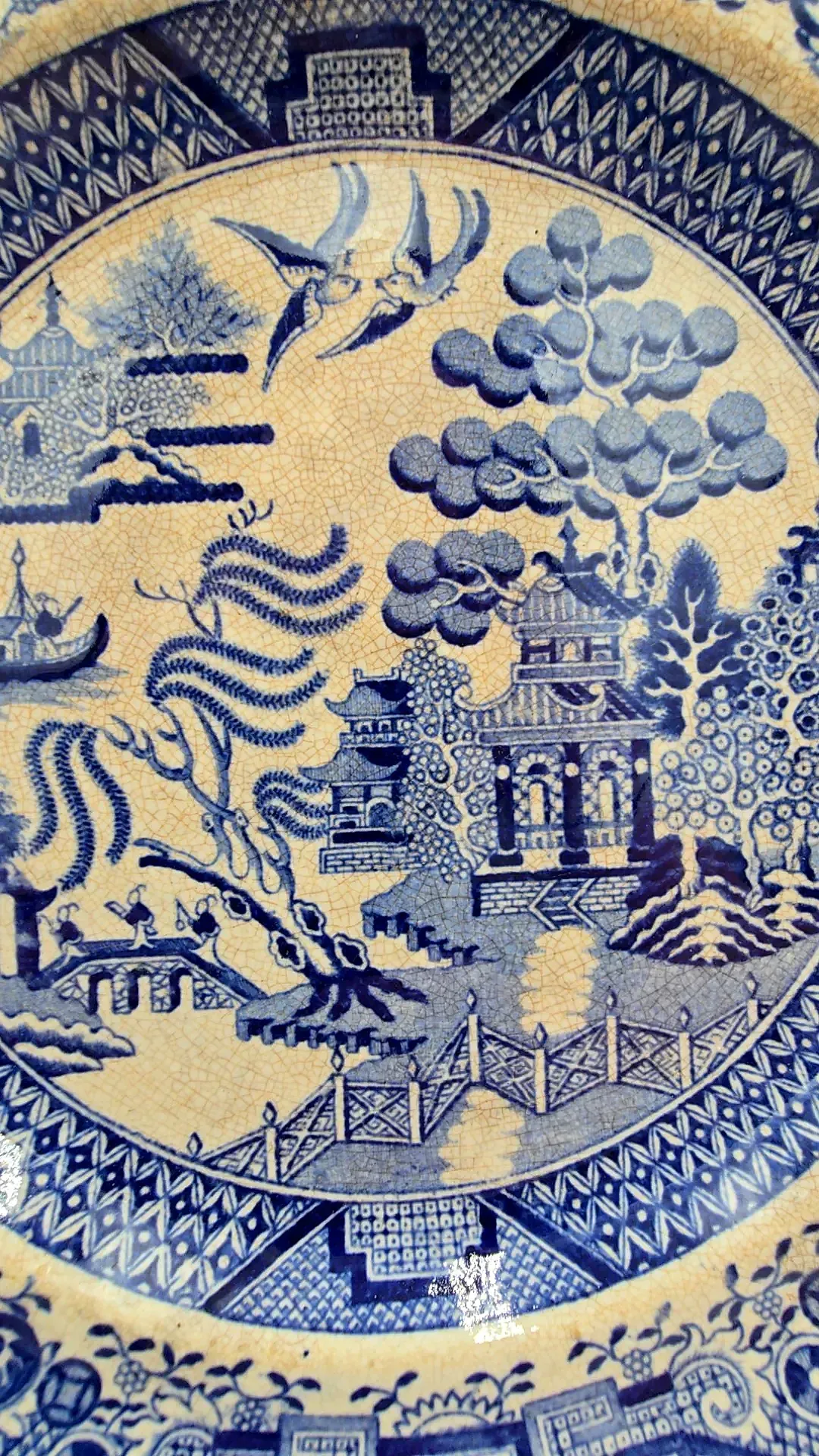 Antique Blue Willow Transferware Plates Lot 2 Staffordshire Marked 9-10in — detail