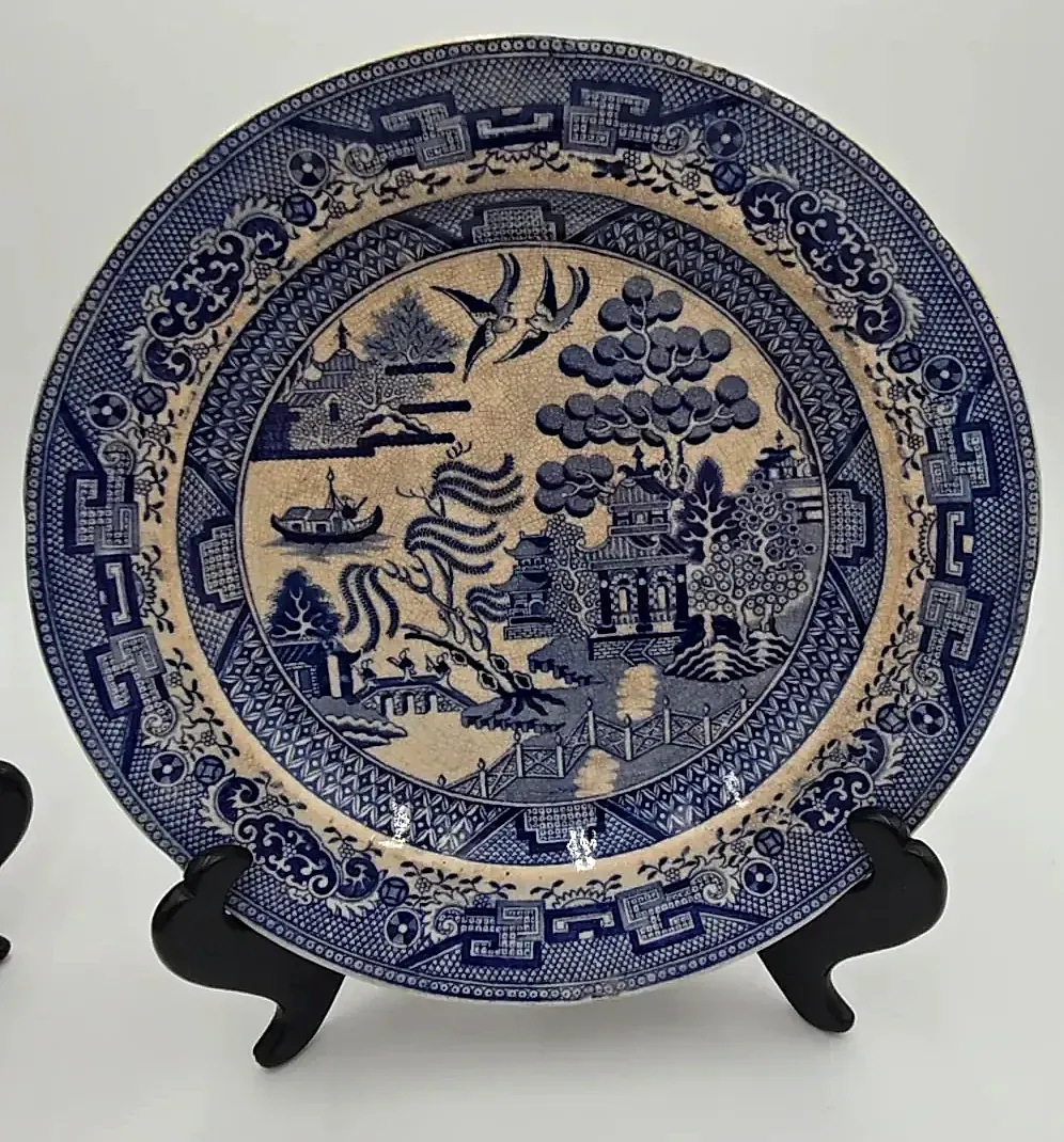 Antique Blue Willow Transferware Plates Lot 2 Staffordshire Marked 9-10in — side view
