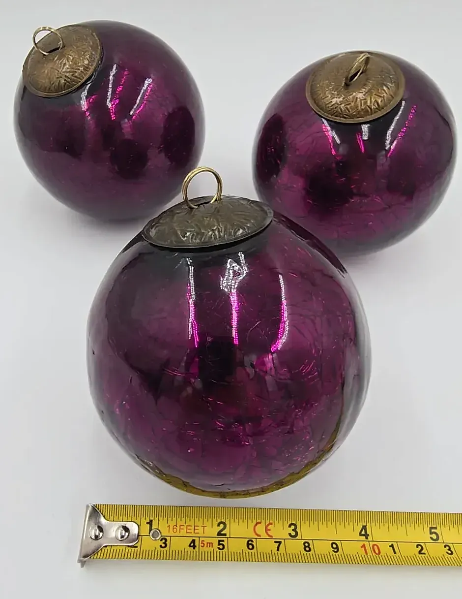 Lot of 3 Vintage Kugel Style Purple Amethyst Heavy Crackle Glass Ornaments — maker's mark