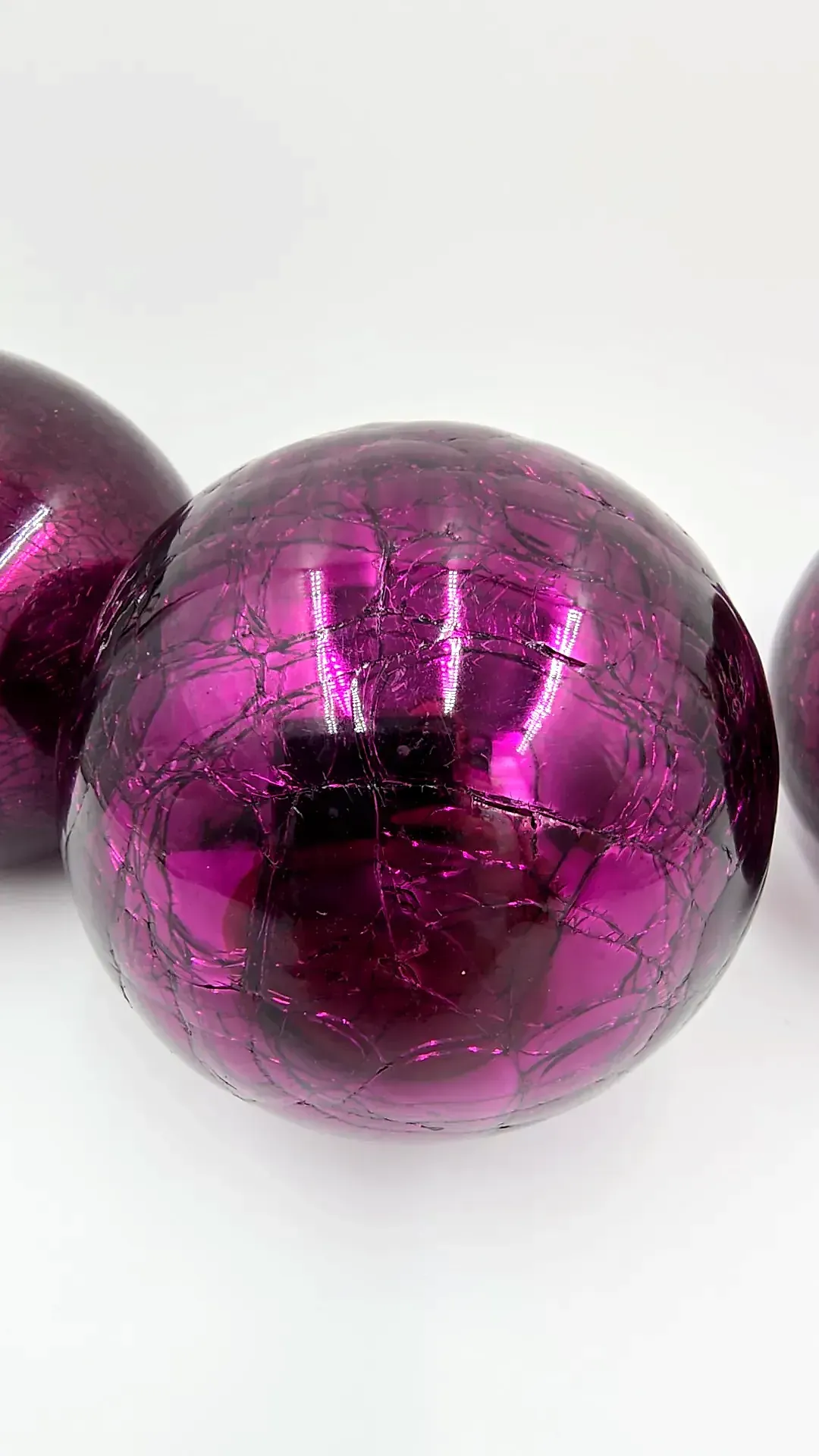 Lot of 3 Vintage Kugel Style Purple Amethyst Heavy Crackle Glass Ornaments — detail