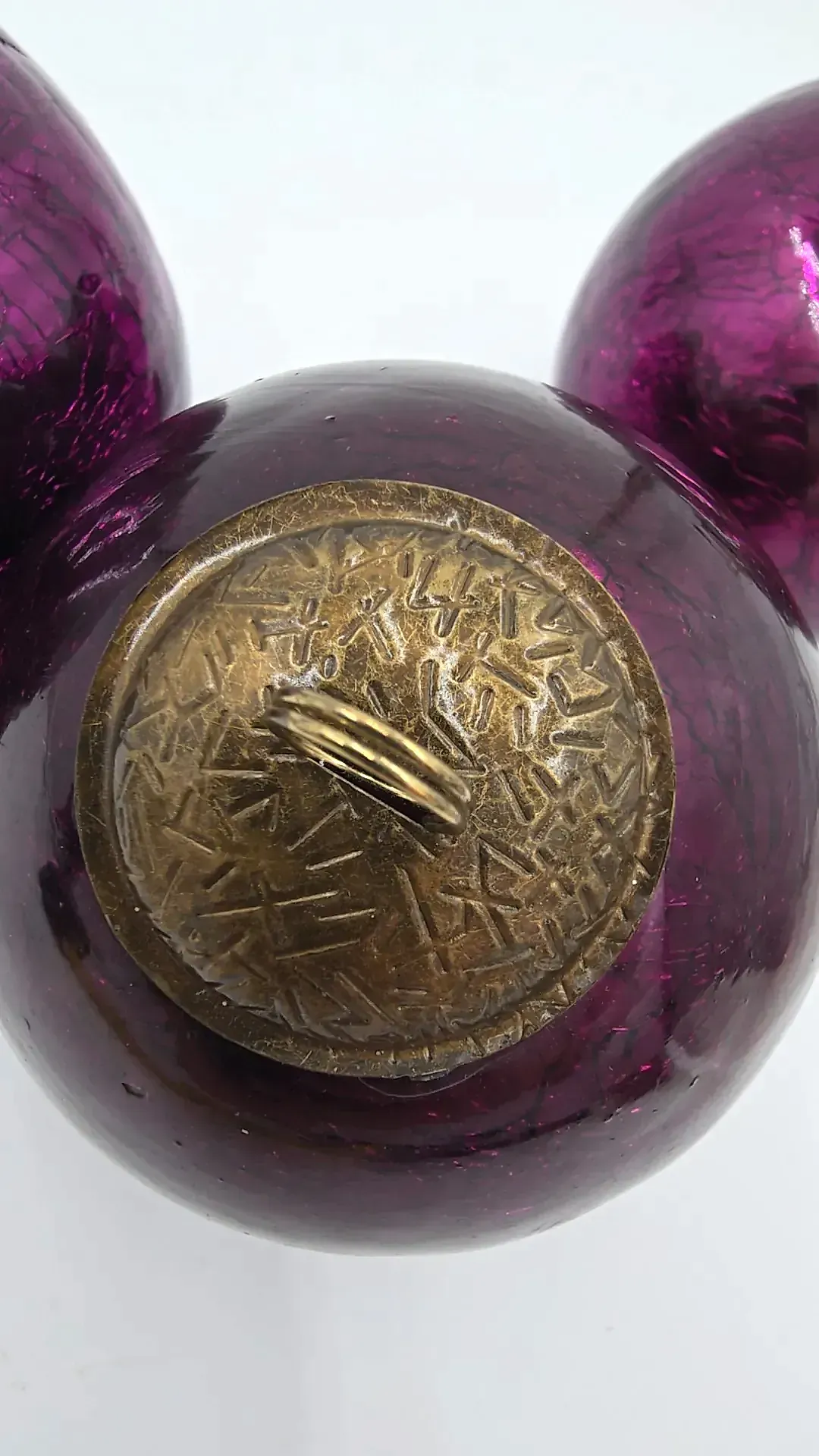 Lot of 3 Vintage Kugel Style Purple Amethyst Heavy Crackle Glass Ornaments — side view
