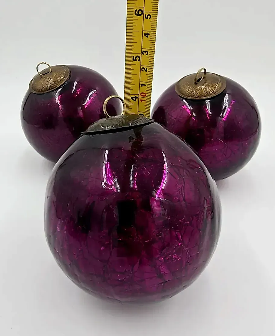 Lot of 3 Vintage Kugel Style Purple Amethyst Heavy Crackle Glass Ornaments — underside