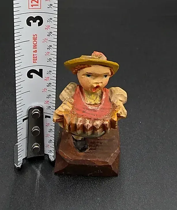Vintage Hand Carved Wooden Accordion Player  Folk Art Figurine