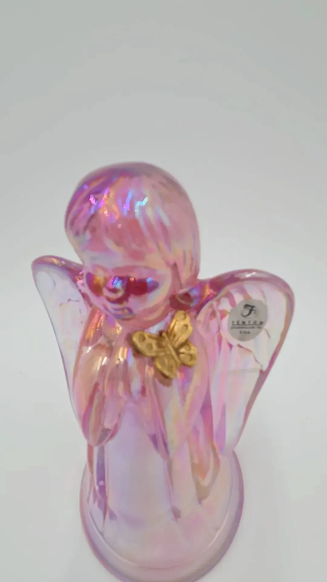 Fenton Handmade Pink Iridescent Glass Praying Angel Figurine with Butterfly Accent USA