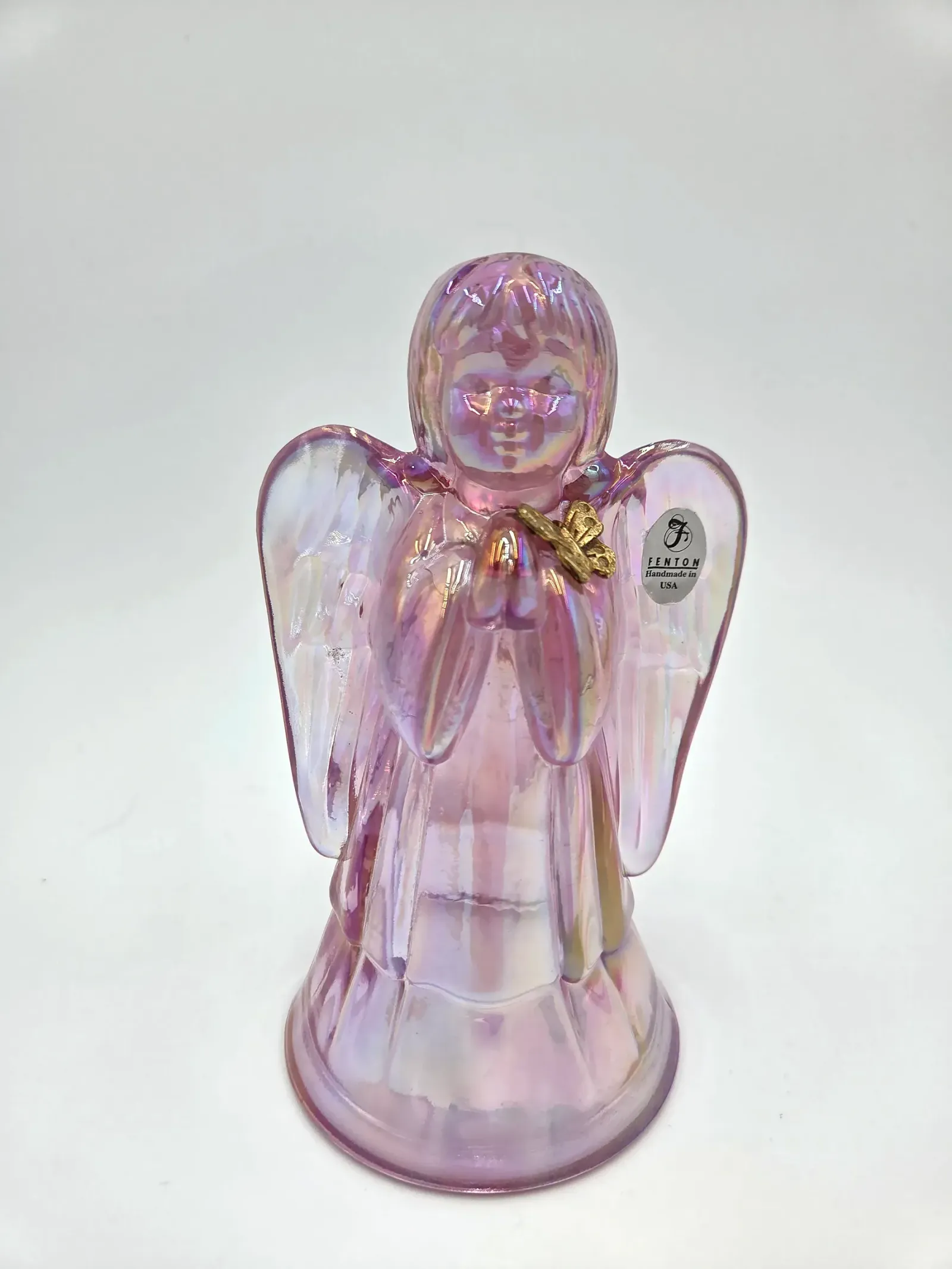 Fenton Handmade Pink Iridescent Glass Praying Angel Figurine with Butterfly Accent USA