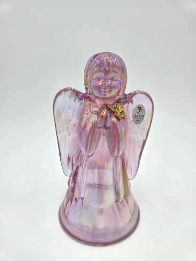 Fenton Handmade Pink Iridescent Glass Praying Angel Figurine with Butterfly Accent USA