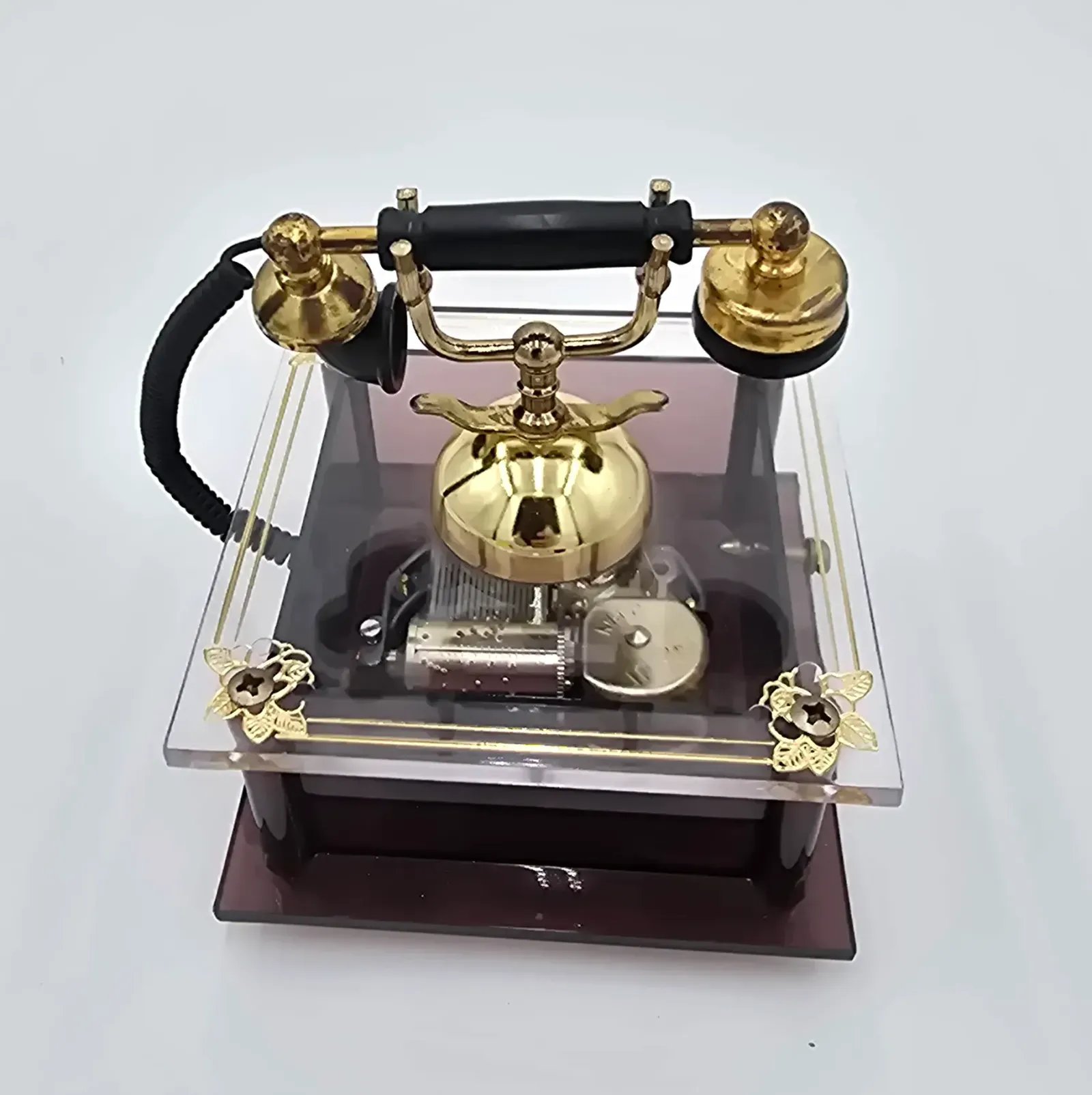 Vintage 1970s Lucite & Brass Telephone Music Box