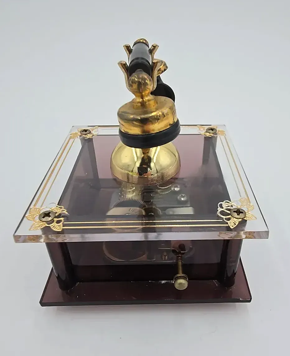 Vintage 1970s Lucite & Brass Telephone Music Box