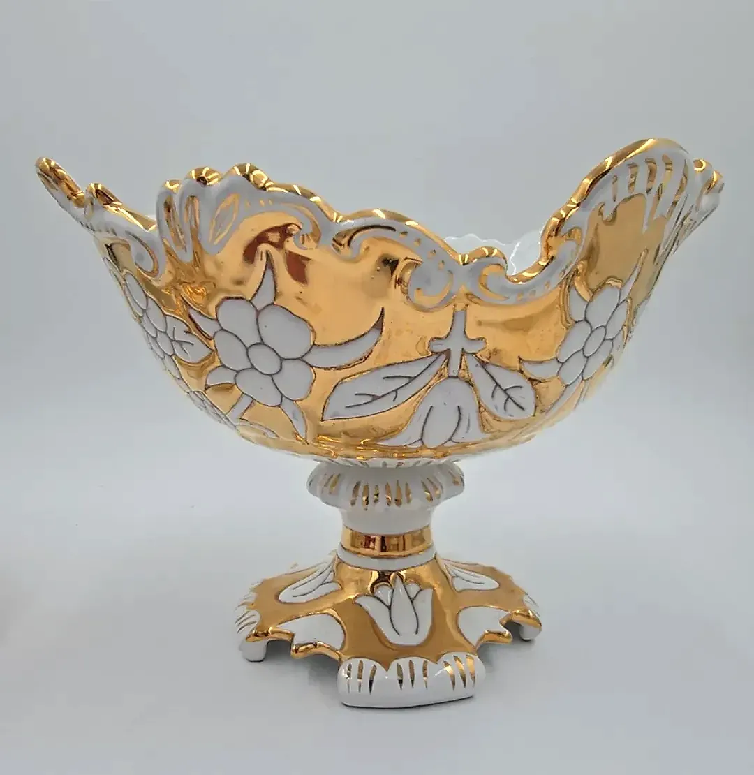 Vintage White Gold Leaf Italian Porcelain Pedestal Centerpiece Bowl Set — side view