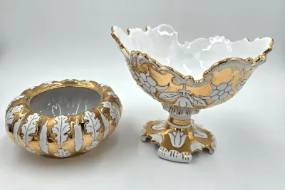 Vintage White Gold Leaf Italian Porcelain Pedestal Centerpiece Bowl Set