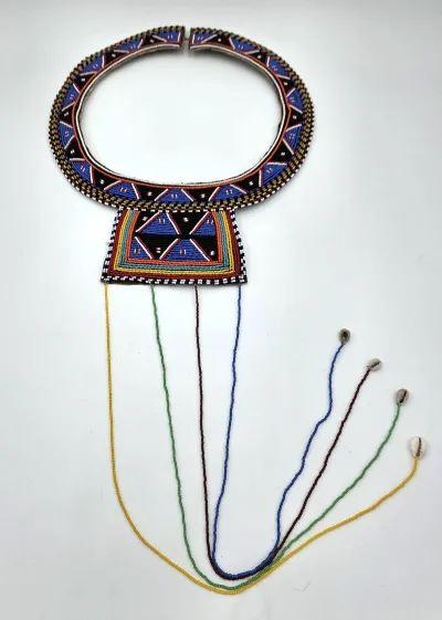 Vintage Maasai Style Beaded Wedding Collar Necklace Kenya/Tanzania Cowrie Shells Leather