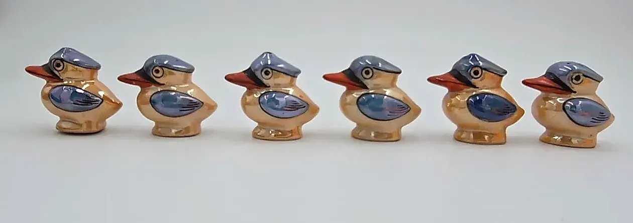 Vintage Japan Kookaburra Bird Lusterware Salt Pepper Shakers 6pc Boxed Set 643/2 — maker's mark