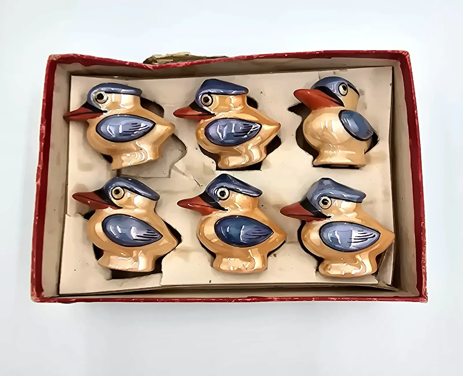 Vintage Japan Kookaburra Bird Lusterware Salt Pepper Shakers 6pc Boxed Set 643/2 — side view