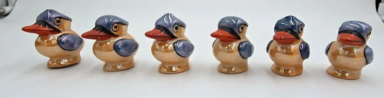 Vintage Japan Kookaburra Bird Lusterware Salt Pepper Shakers 6pc Boxed Set 643/2 — detail