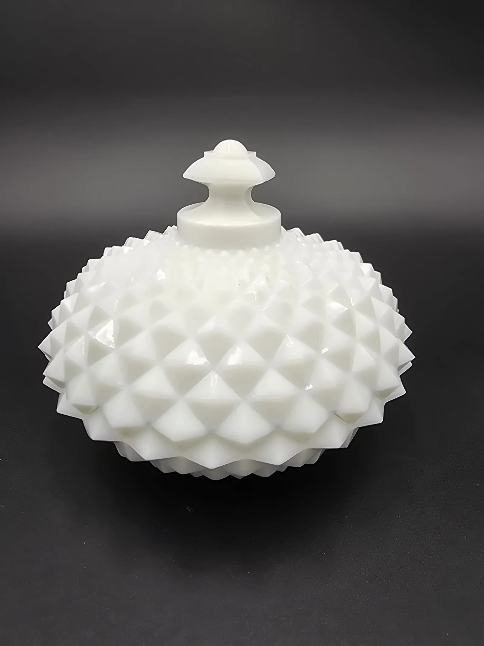 Vintage white milk glass covered candy dish in the Diamond Point (Hobnail) pattern.