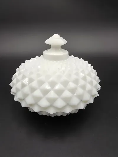 Vintage white milk glass covered candy dish in the Diamond Point (Hobnail) pattern.