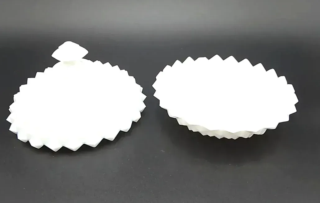 Vintage white milk glass covered candy dish in the Diamond Point (Hobnail) pattern.