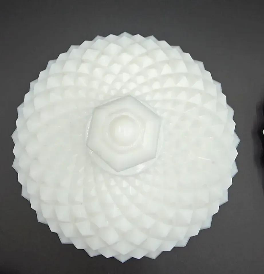 Vintage white milk glass covered candy dish in the Diamond Point (Hobnail) pattern.