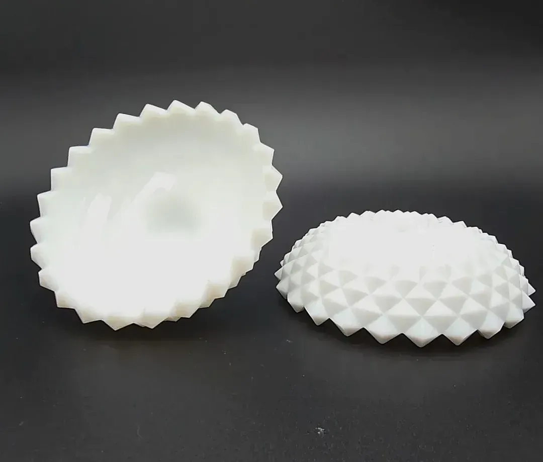 Vintage white milk glass covered candy dish in the Diamond Point (Hobnail) pattern.