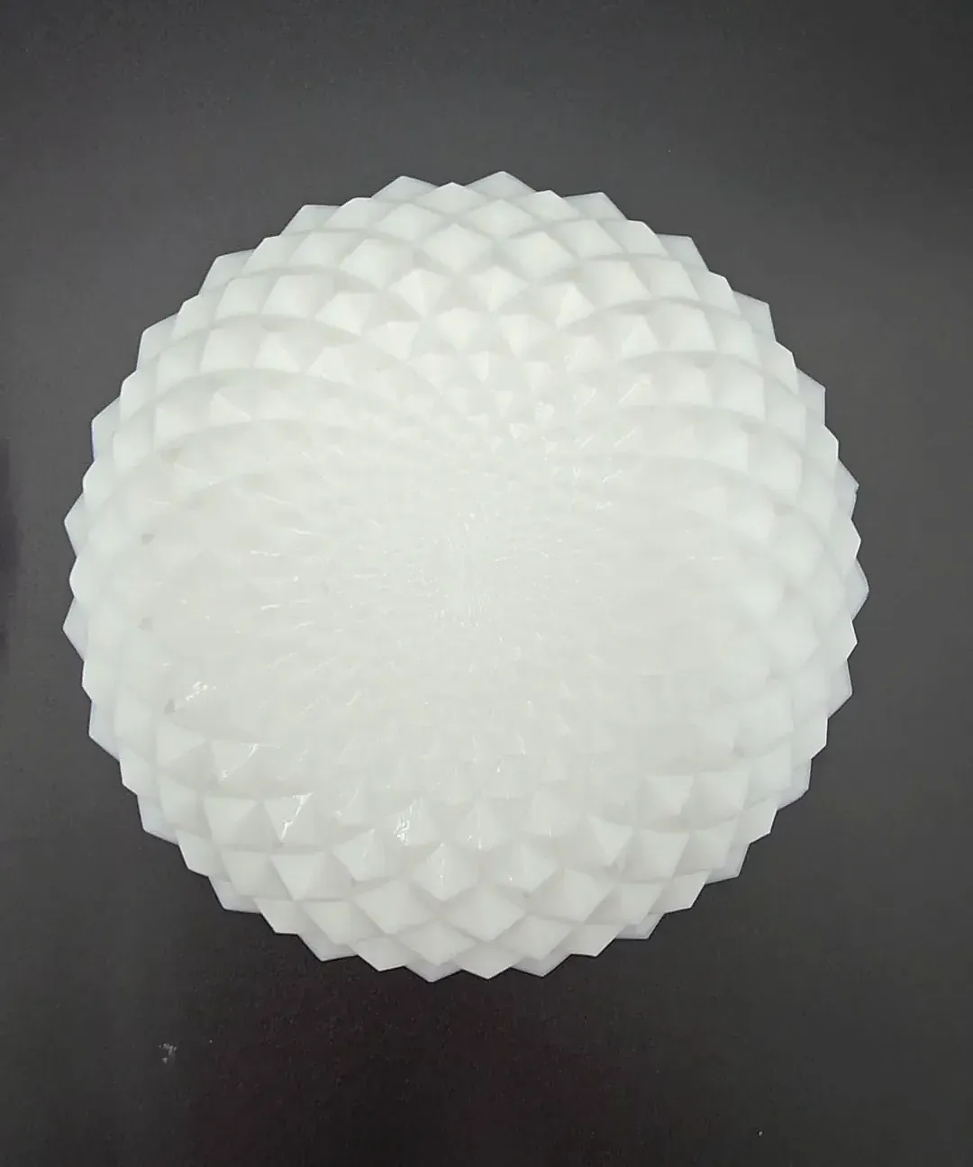 Vintage white milk glass covered candy dish in the Diamond Point (Hobnail) pattern.