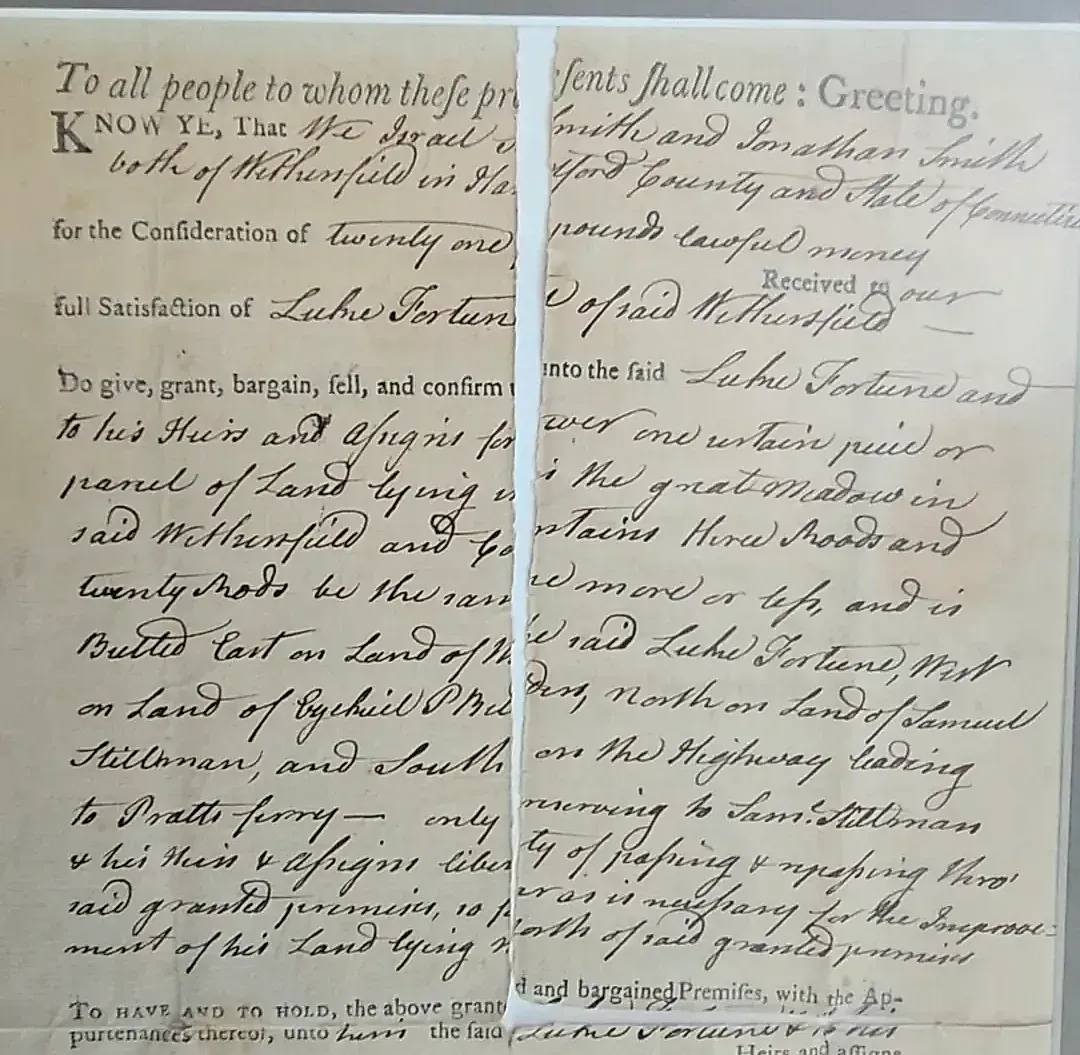 Original 1790 Connecticut Land Deed – Wethersfield, Hartford County – Luke Fortune – Pratt Ferry – Framed
