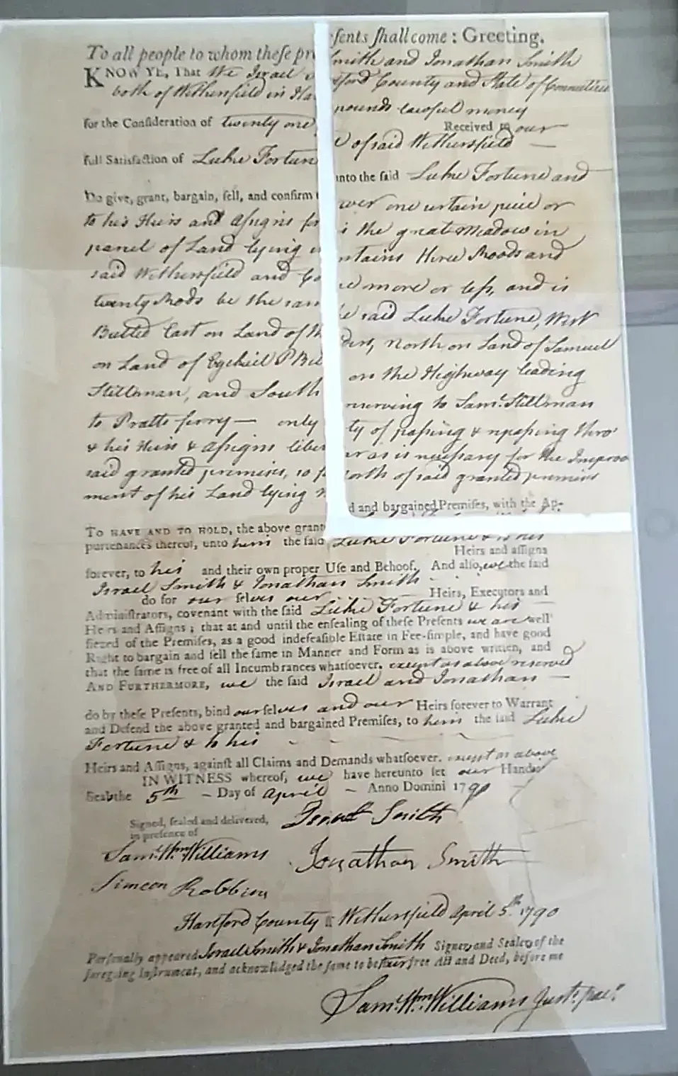 1790 CT Land Deed Wethersfield Great Meadow Capt Luke Fortune Federal Era Signed — side view