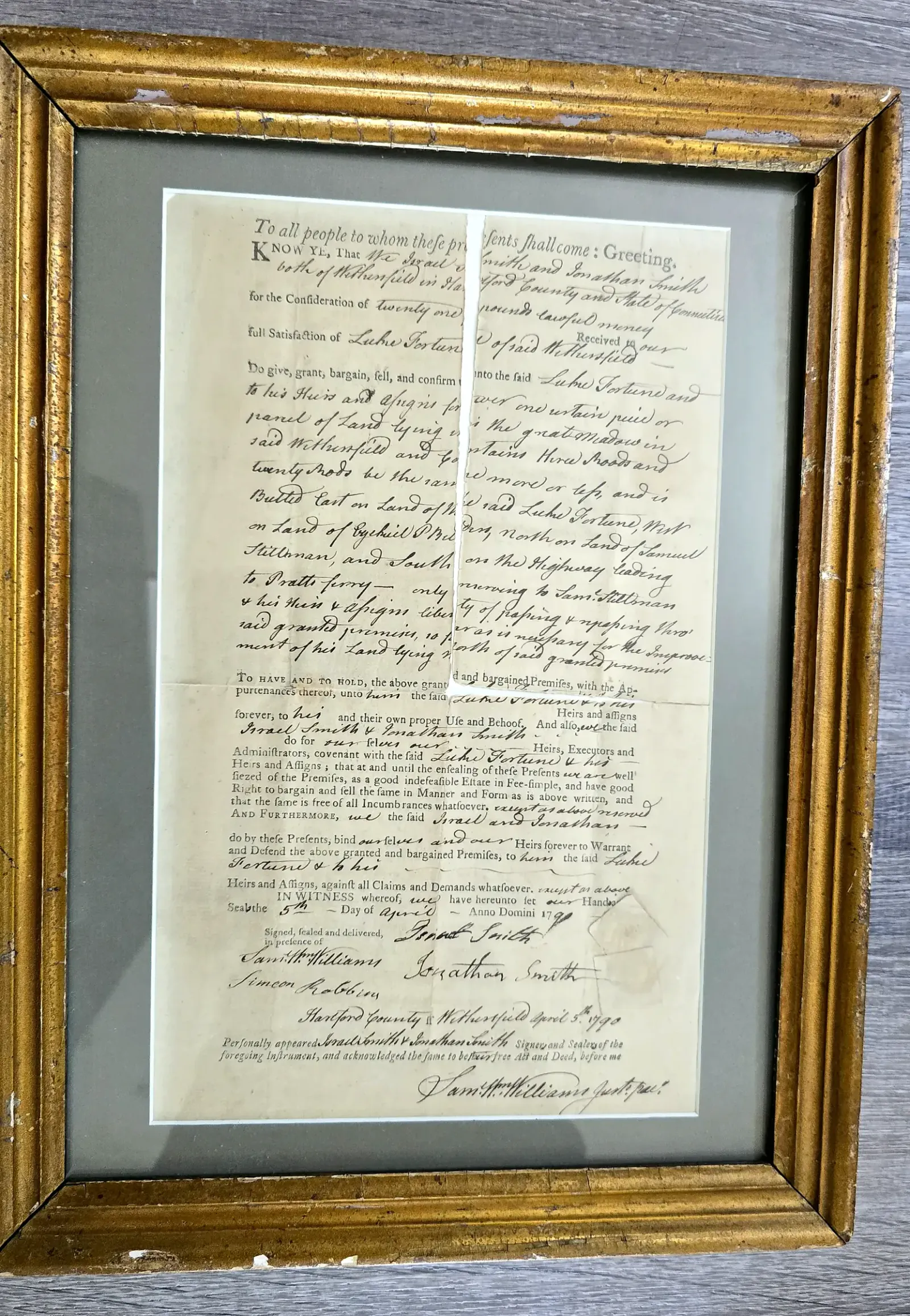 Original 1790 Connecticut Land Deed – Wethersfield, Hartford County – Luke Fortune – Pratt Ferry – Framed