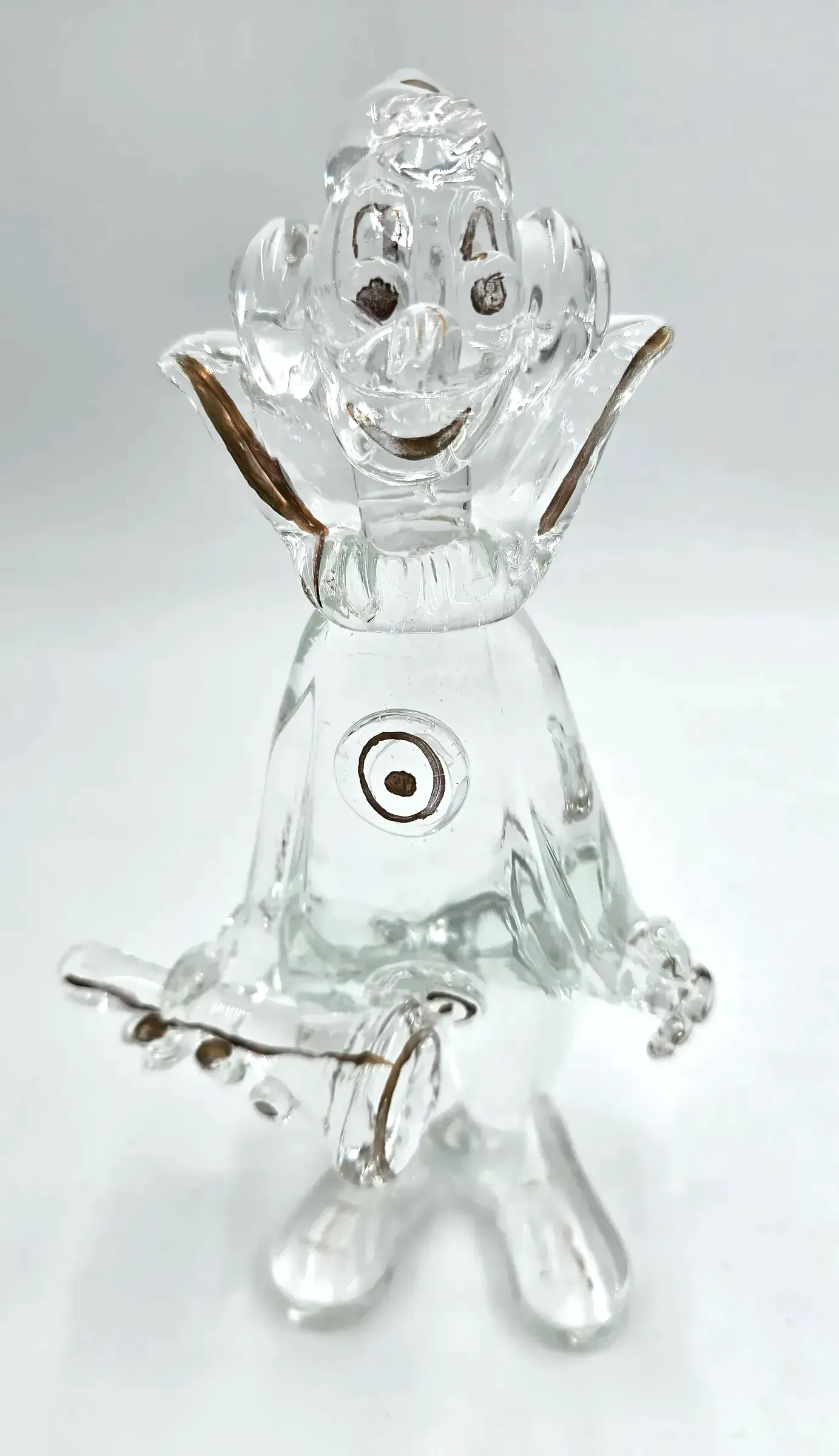 Vintage Clear Blown Art Glass Musician Clown Figurine with Gold Trim