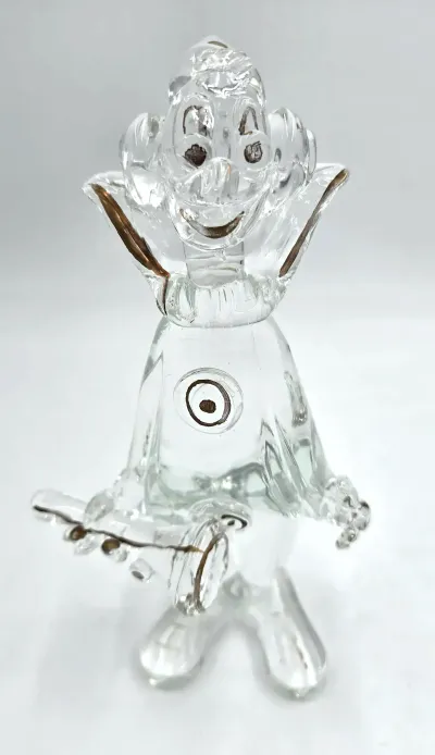 Vintage Clear Blown Art Glass Musician Clown Figurine with Gold Trim