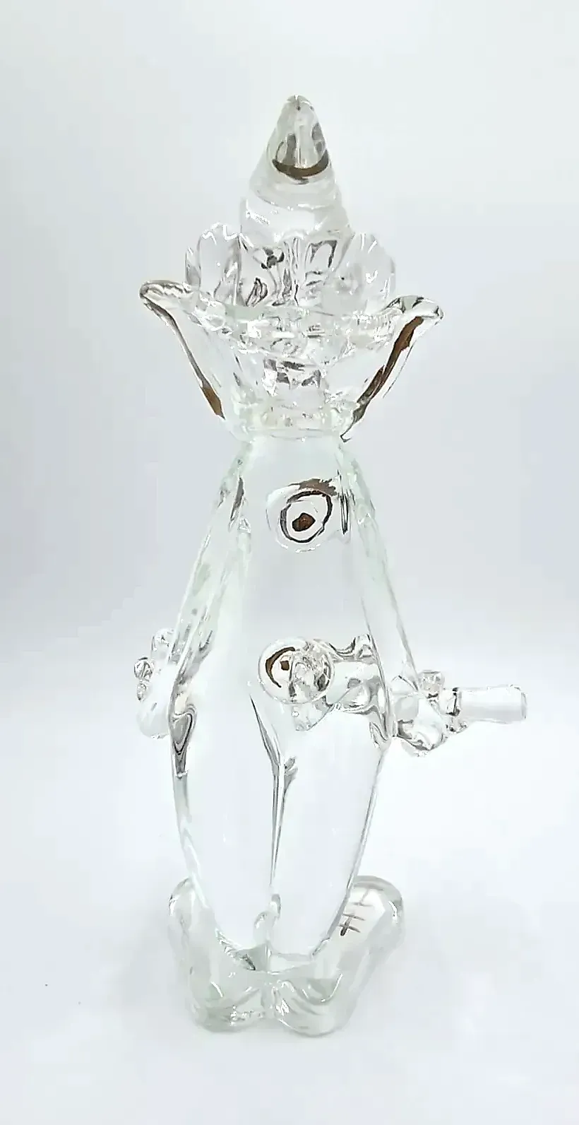 Vintage Clear Blown Art Glass Musician Clown Figurine with Gold Trim — side view